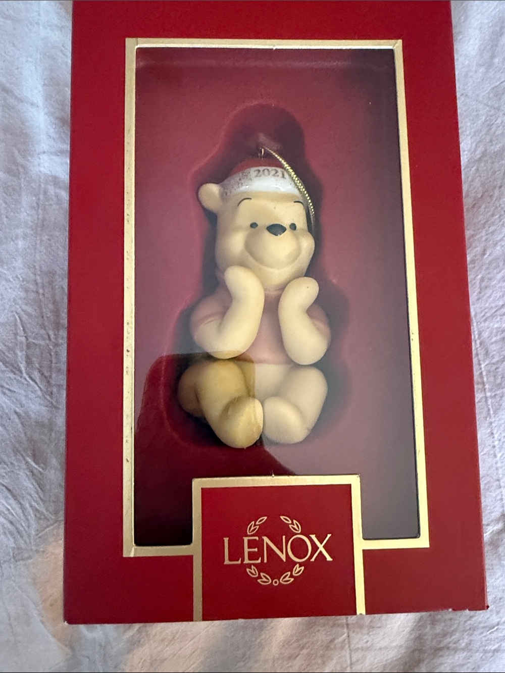 Lenox Cream and Tan Winnie the Pooh Holiday Ornament with Red Box